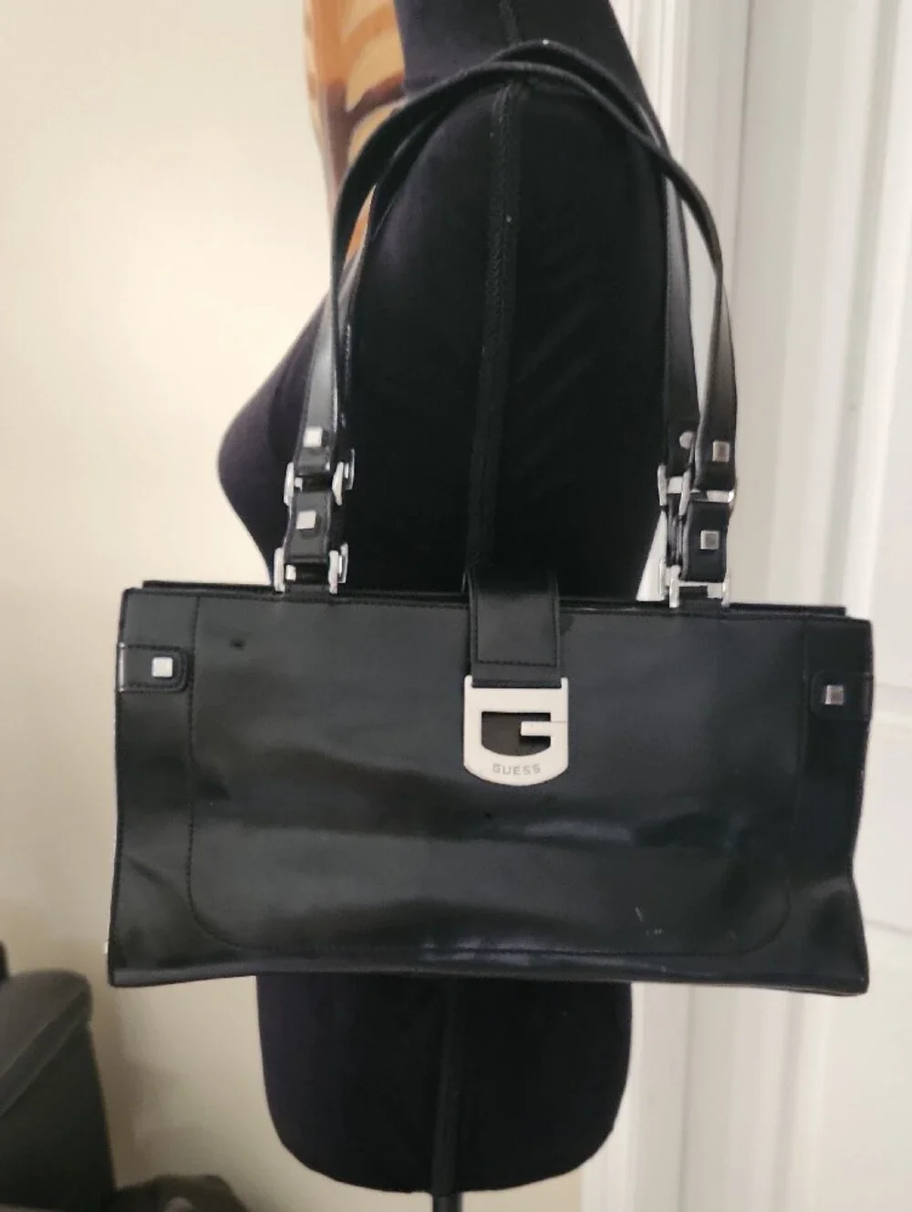 Guess Black Patent Shoulder Bag with Silver Hardware